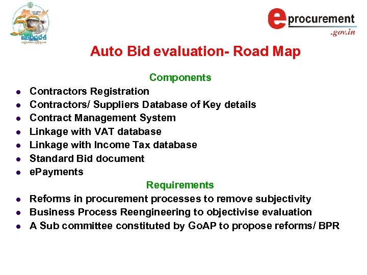 Auto Bid evaluation- Road Map l l l l l Components Contractors Registration Contractors/