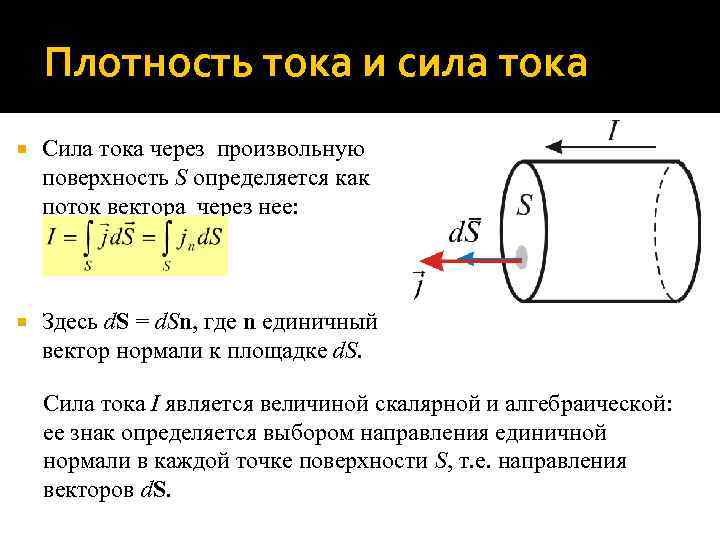 Плотность тока и сила тока Сила тока через произвольную поверхность S определяется как поток