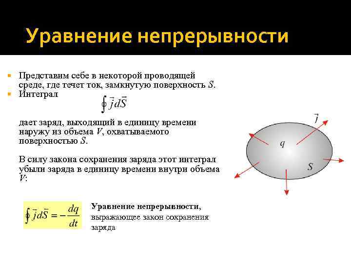 Уравнение непрерывности Представим себе в некоторой проводящей среде, где течет ток, замкнутую поверхность S.