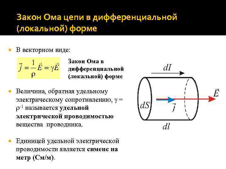 Закон Ома цепи в дифференциальной (локальной) форме В векторном виде: Закон Ома в дифференциальной