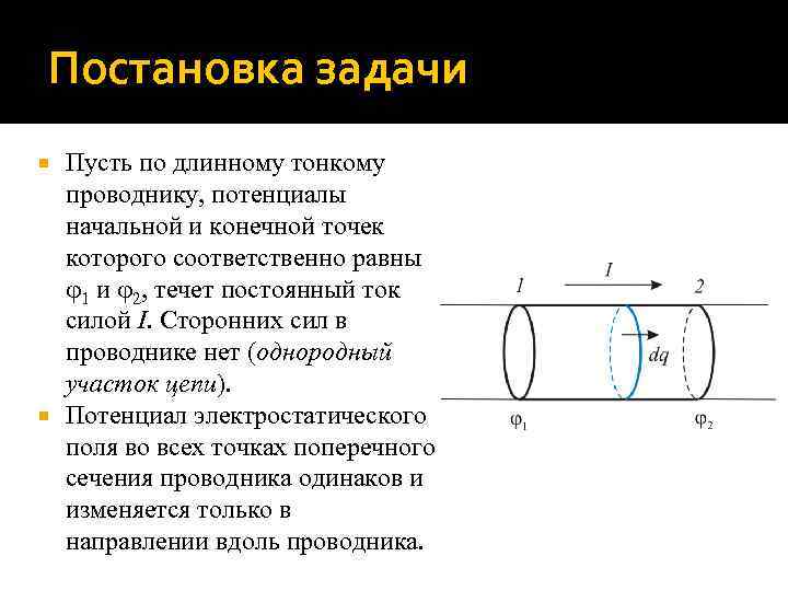 Постановка задачи Пусть по длинному тонкому проводнику, потенциалы начальной и конечной точек которого соответственно