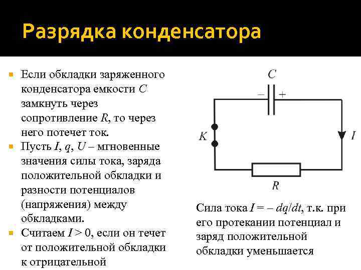 Разрядка конденсатора Если обкладки заряженного конденсатора емкости C замкнуть через сопротивление R, то через