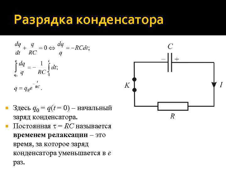 Разрядка конденсатора Здесь q 0 = q(t = 0) – начальный заряд конденсатора. Постоянная