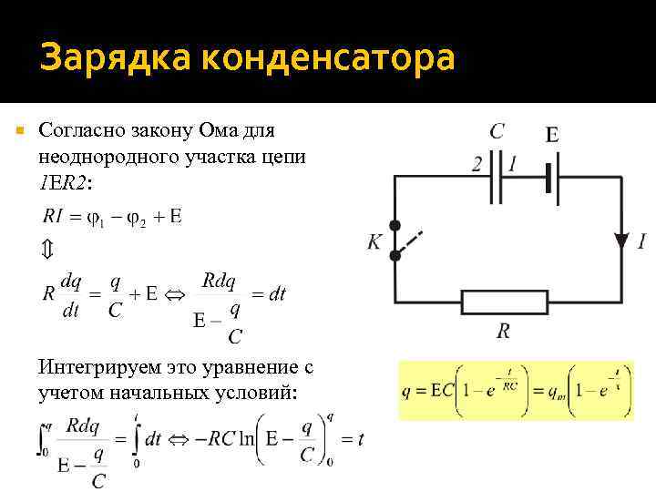 Зарядка конденсатора Согласно закону Ома для неоднородного участка цепи 1 ER 2: Интегрируем это