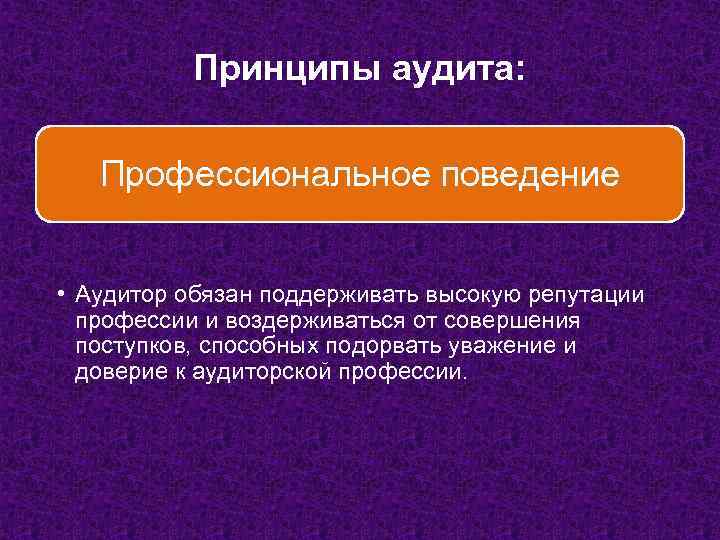 Принципы аудита: Профессиональное поведение • Аудитор обязан поддерживать высокую репутации профессии и воздерживаться от