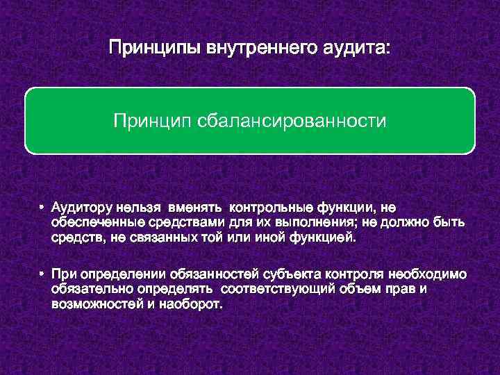 Принципы внутреннего аудита: Принцип сбалансированности • Аудитору нельзя вменять контрольные функции, не обеспеченные средствами