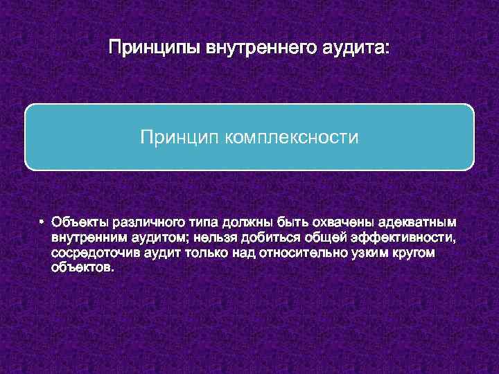 Принципы внутреннего аудита: Принцип комплексности • Объекты различного типа должны быть охвачены адекватным внутренним