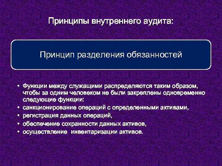 Принципы внутреннего аудита: Принцип разделения обязанностей • Функции между служащими распределяются таким образом, чтобы