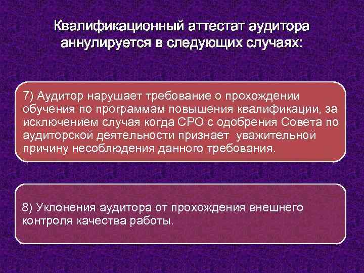 Квалификационный аттестат аудитора аннулируется в следующих случаях: 7) Аудитор нарушает требование о прохождении обучения