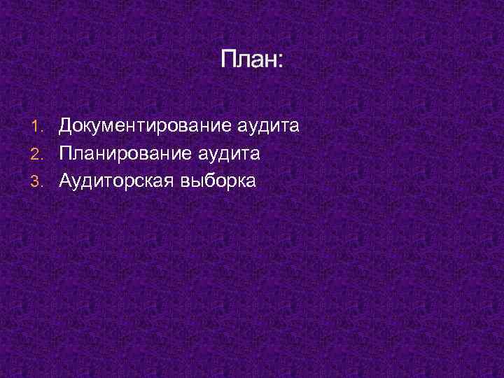 План: 1. Документирование аудита 2. Планирование аудита 3. Аудиторская выборка 