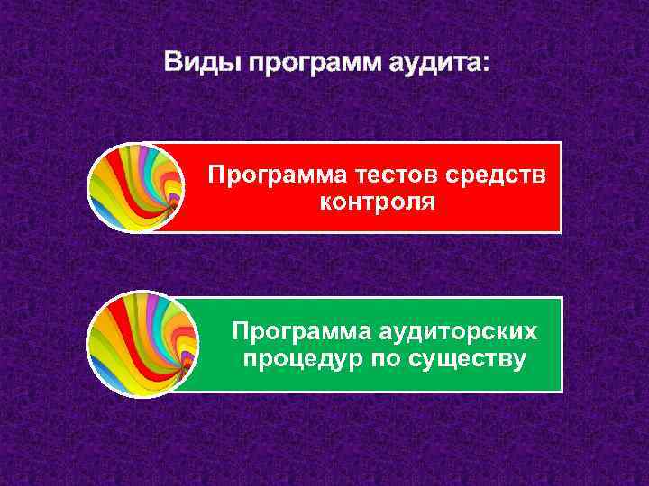 Виды программ аудита: Программа тестов средств контроля Программа аудиторских процедур по существу 