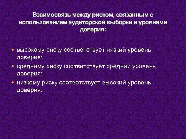 Взаимосвязь между риском, связанным с использованием аудиторской выборки и уровнями доверия: высокому риску соответствует