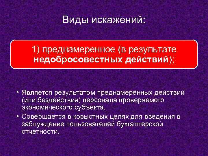 Виды искажений: 1) преднамеренное (в результате недобросовестных действий); • Является результатом преднамеренных действий (или