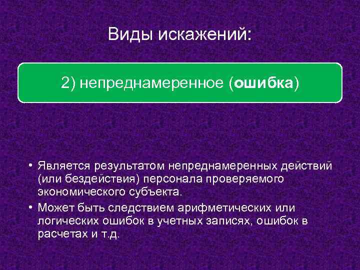 Виды искажений: 2) непреднамеренное (ошибка) • Является результатом непреднамеренных действий (или бездействия) персонала проверяемого
