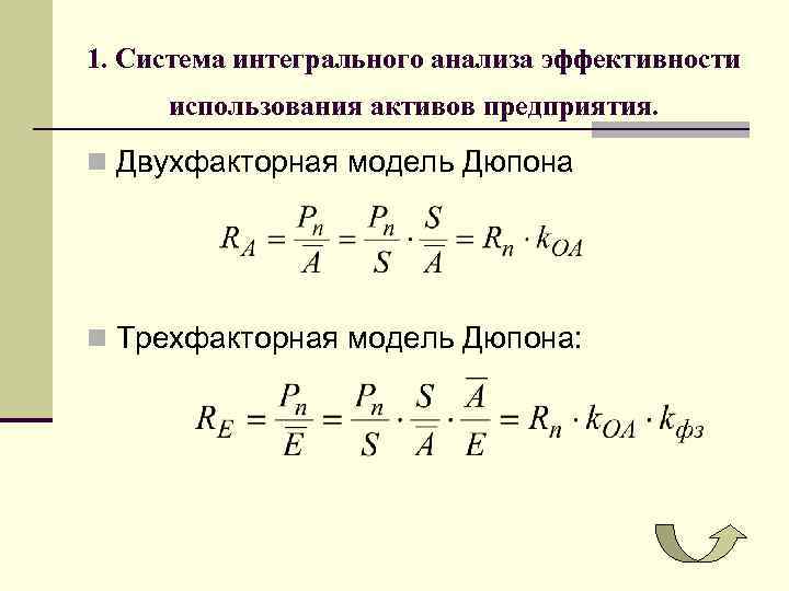 1. Система интегрального анализа эффективности использования активов предприятия. n Двухфакторная модель Дюпона n Трехфакторная