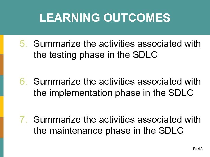 LEARNING OUTCOMES 5. Summarize the activities associated with the testing phase in the SDLC