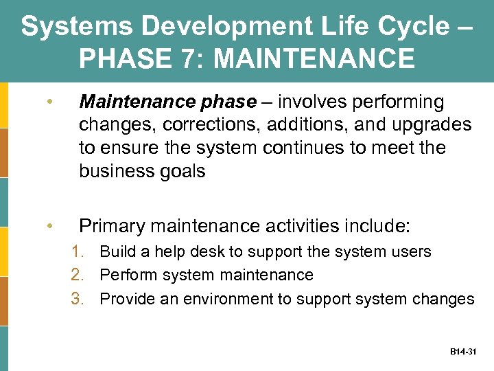 Systems Development Life Cycle – PHASE 7: MAINTENANCE • Maintenance phase – involves performing