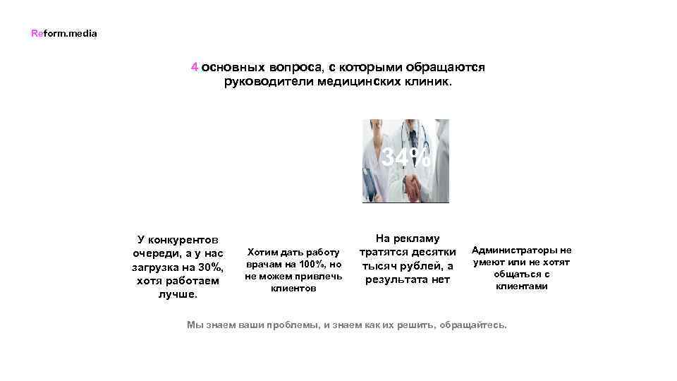 Reform. media 4 основных вопроса, с которыми обращаются руководители медицинских клиник. 43% 34% 82%
