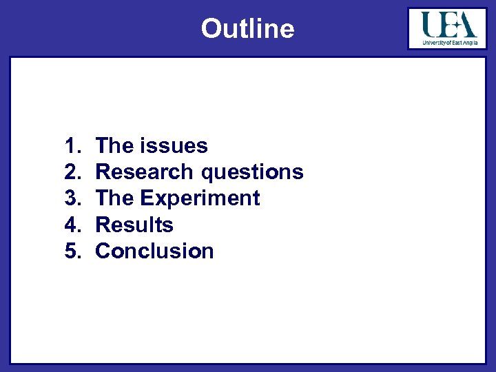 Outline 1. 2. 3. 4. 5. The issues Research questions The Experiment Results Conclusion
