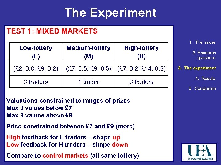 The Experiment TEST 1: MIXED MARKETS Low-lottery (L) Medium-lottery (M) High-lottery (H) (£ 2,