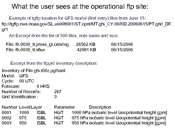What the user sees at the operational ftp site: Example of tgftp location for