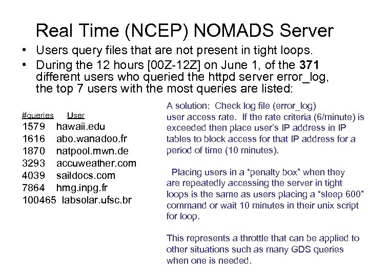 Real Time (NCEP) NOMADS Server • Users query files that are not present in
