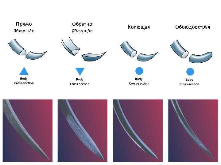 Прямо режущая Обратно режущая Колющая Обоюдоострая 