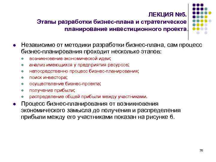 ЛЕКЦИЯ № 5. Этапы разработки бизнес-плана и стратегическое планирование инвестиционного проекта. l Независимо от