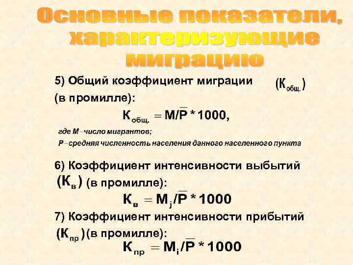 5) Общий коэффициент миграции (в промилле): 6) Коэффициент интенсивности выбытий (в промилле): 7) Коэффициент