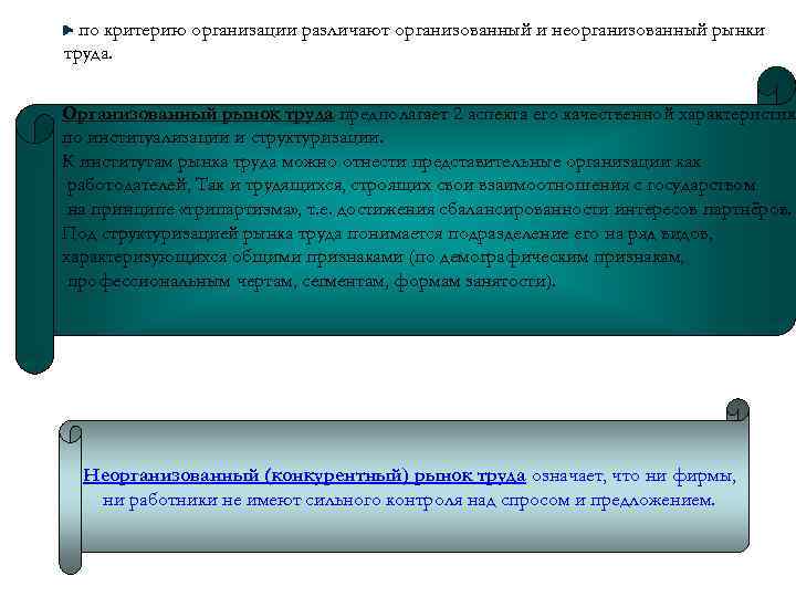 по критерию организации различают организованный и неорганизованный рынки труда. Организованный рынок труда предполагает 2