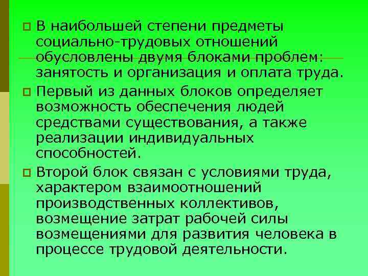 В наибольшей степени предметы социально-трудовых отношений обусловлены двумя блоками проблем: занятость и организация и