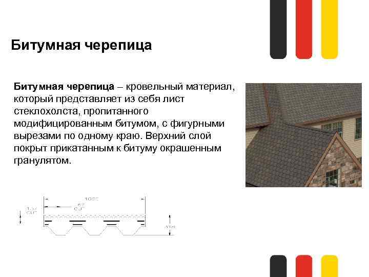 Битумная черепица – кровельный материал, который представляет из себя лист стеклохолста, пропитанного модифицированным битумом,