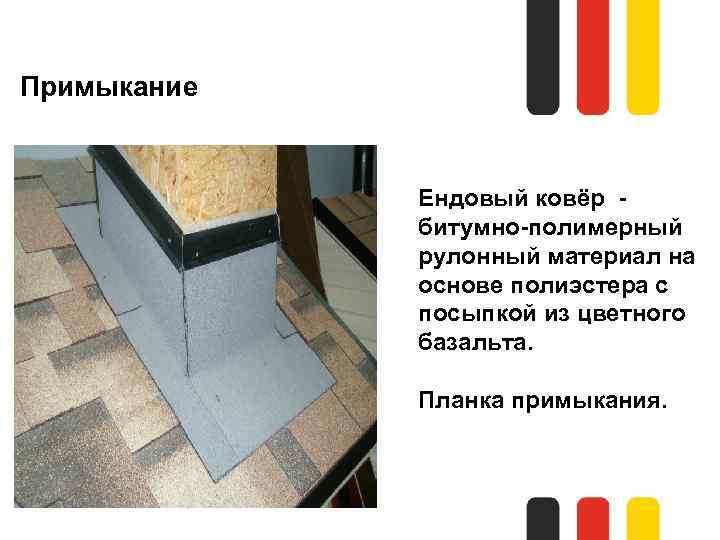 Примыкание Ендовый ковёр - битумно-полимерный рулонный материал на основе полиэстера с посыпкой из цветного