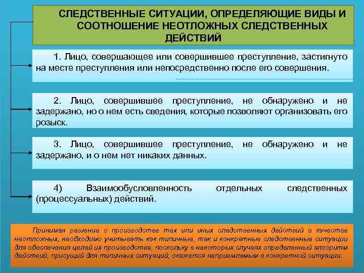 СЛЕДСТВЕННЫЕ СИТУАЦИИ, ОПРЕДЕЛЯЮЩИЕ ВИДЫ И СООТНОШЕНИЕ НЕОТЛОЖНЫХ СЛЕДСТВЕННЫХ ДЕЙСТВИЙ 1. Лицо, совершающее или совершившее