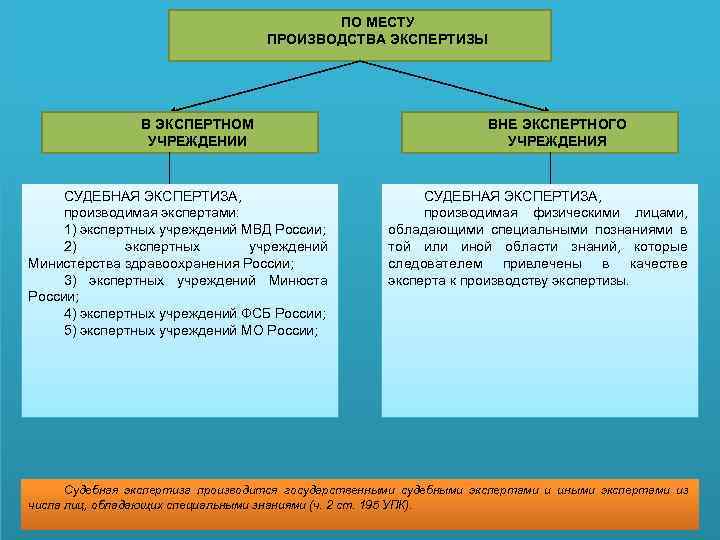 ПО МЕСТУ ПРОИЗВОДСТВА ЭКСПЕРТИЗЫ В ЭКСПЕРТНОМ УЧРЕЖДЕНИИ СУДЕБНАЯ ЭКСПЕРТИЗА, производимая экспертами: 1) экспертных учреждений