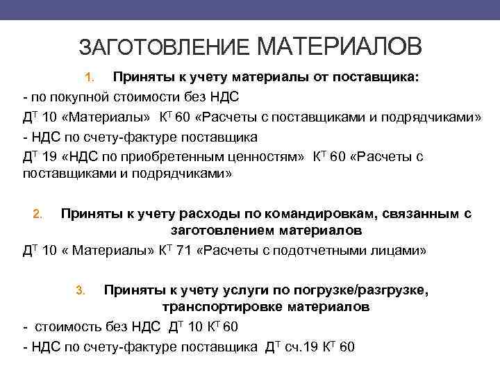 ЗАГОТОВЛЕНИЕ МАТЕРИАЛОВ Приняты к учету материалы от поставщика: - по покупной стоимости без НДС