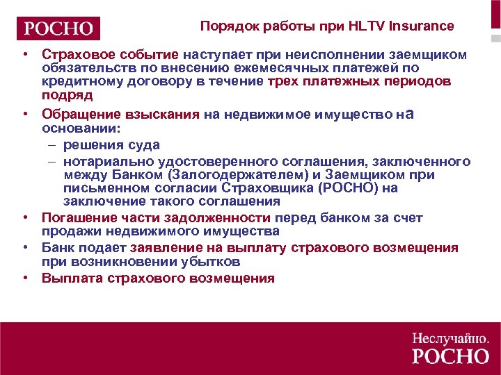 Порядок работы при HLTV Insurance • Страховое событие наступает при неисполнении заемщиком обязательств по