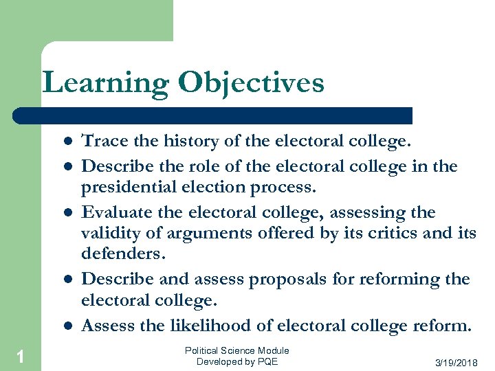 Learning Objectives l l l 1 Trace the history of the electoral college. Describe