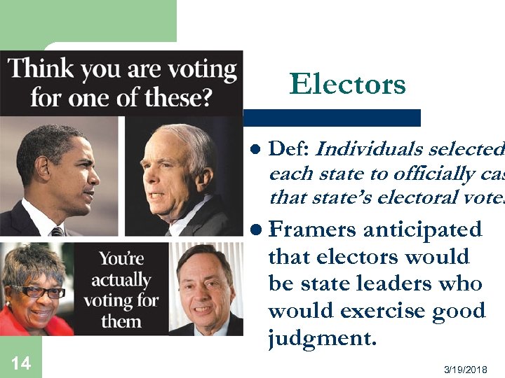 Electors l Def: Individuals selected each state to officially cas that state’s electoral votes