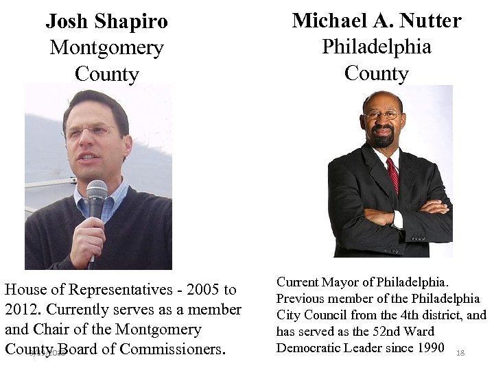 Josh Shapiro Montgomery County House of Representatives - 2005 to 2012. Currently serves as