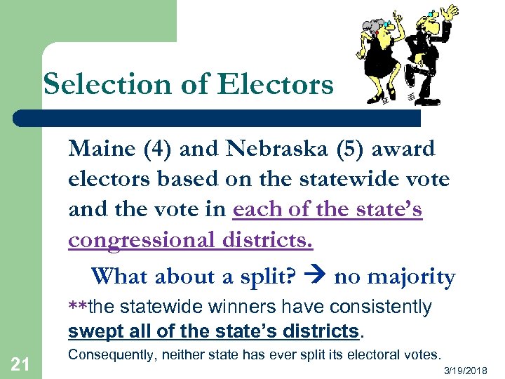 Selection of Electors Maine (4) and Nebraska (5) award electors based on the statewide