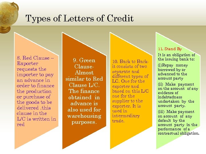 Types of Letters of Credit 8. Red Clause – Exporter requests the importer to