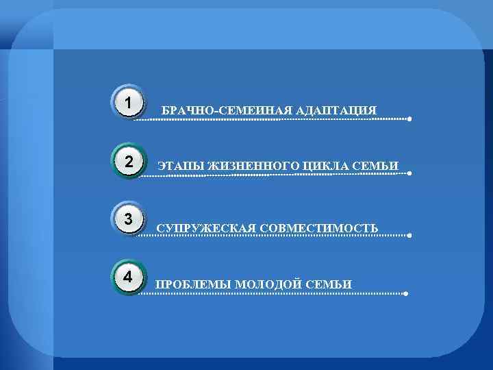 1 2 3 4 БРАЧНО СЕМЕИНАЯ АДАПТАЦИЯ ЭТАПЫ ЖИЗНЕННОГО ЦИКЛА СЕМЬИ СУПРУЖЕСКАЯ СОВМЕСТИМОСТЬ ПРОБЛЕМЫ