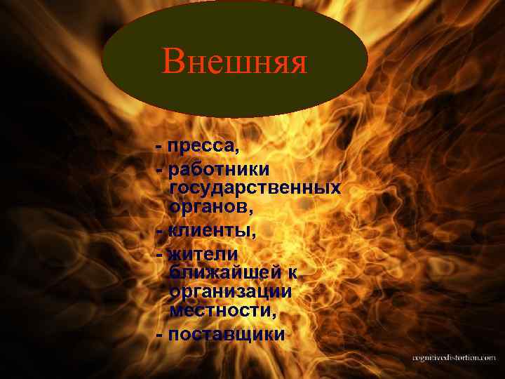 Внешняя пресса, работники государственных органов, клиенты, жители ближайшей к организации местности, поставщики 