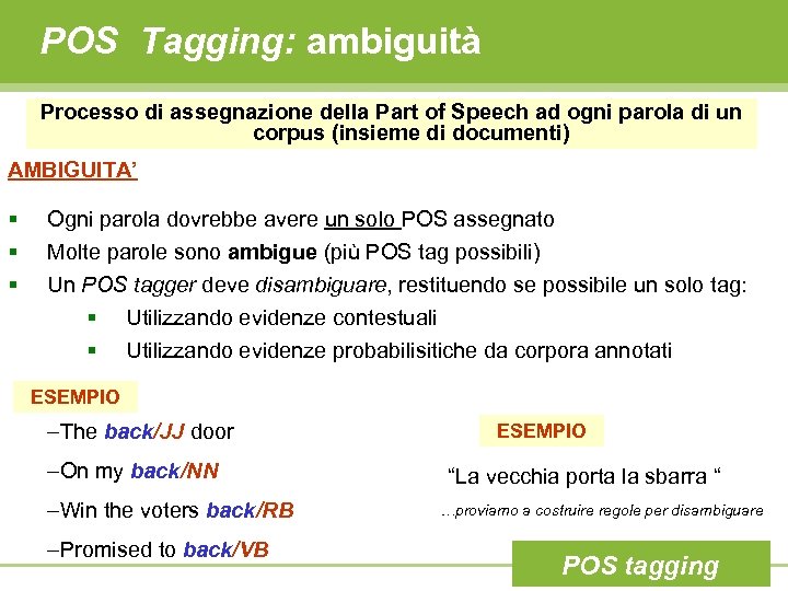POS Tagging: ambiguità Processo di assegnazione della Part of Speech ad ogni parola di
