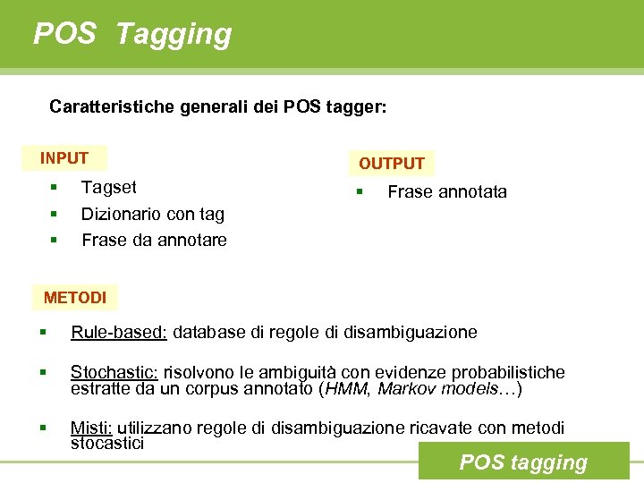 POS Tagging Caratteristiche generali dei POS tagger: INPUT § § § Tagset Dizionario con