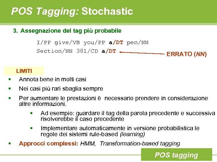 POS Tagging: Stochastic 3. Assegnazione del tag più probabile I/PP give/VB you/PP a/DT pen/NN
