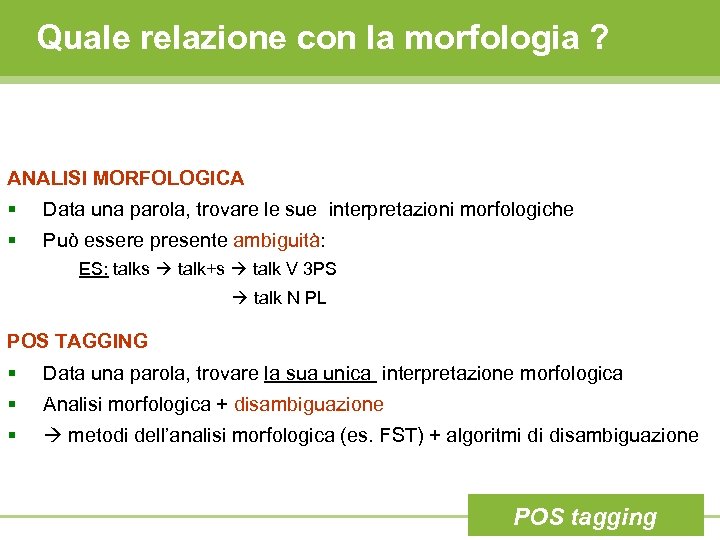 Quale relazione con la morfologia ? ANALISI MORFOLOGICA § Data una parola, trovare le