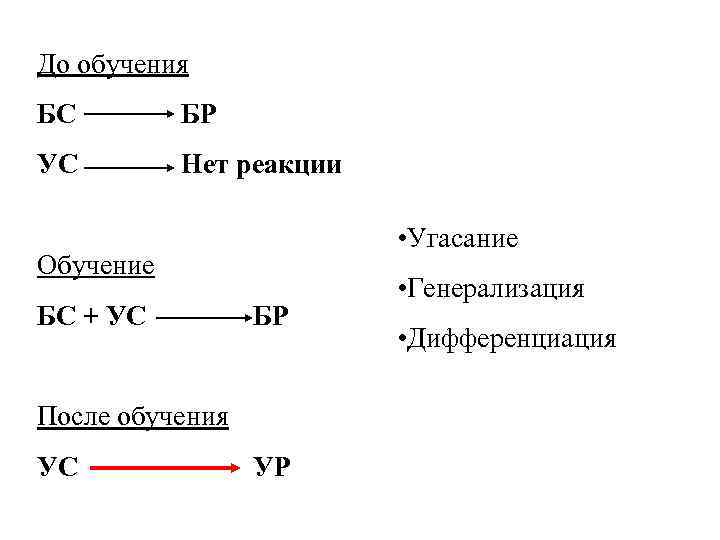 До обучения БС БР УС Нет реакции • Угасание Обучение БС + УС БР