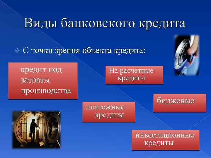 Виды банковского кредита v С точки зрения объекта кредита: кредит под затраты производства На